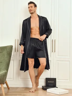 Pure Silk Piping Trim Belted Mens Robe   Shorts 2Pcs