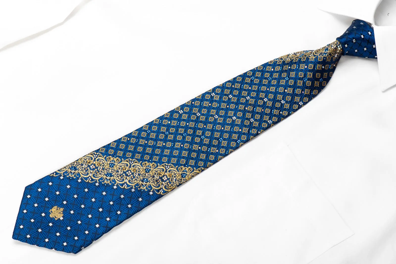 Renoma Men's Crystal Rhinestone Silk Necktie Gold Cartouche & Geometric On Blue With Sparkles