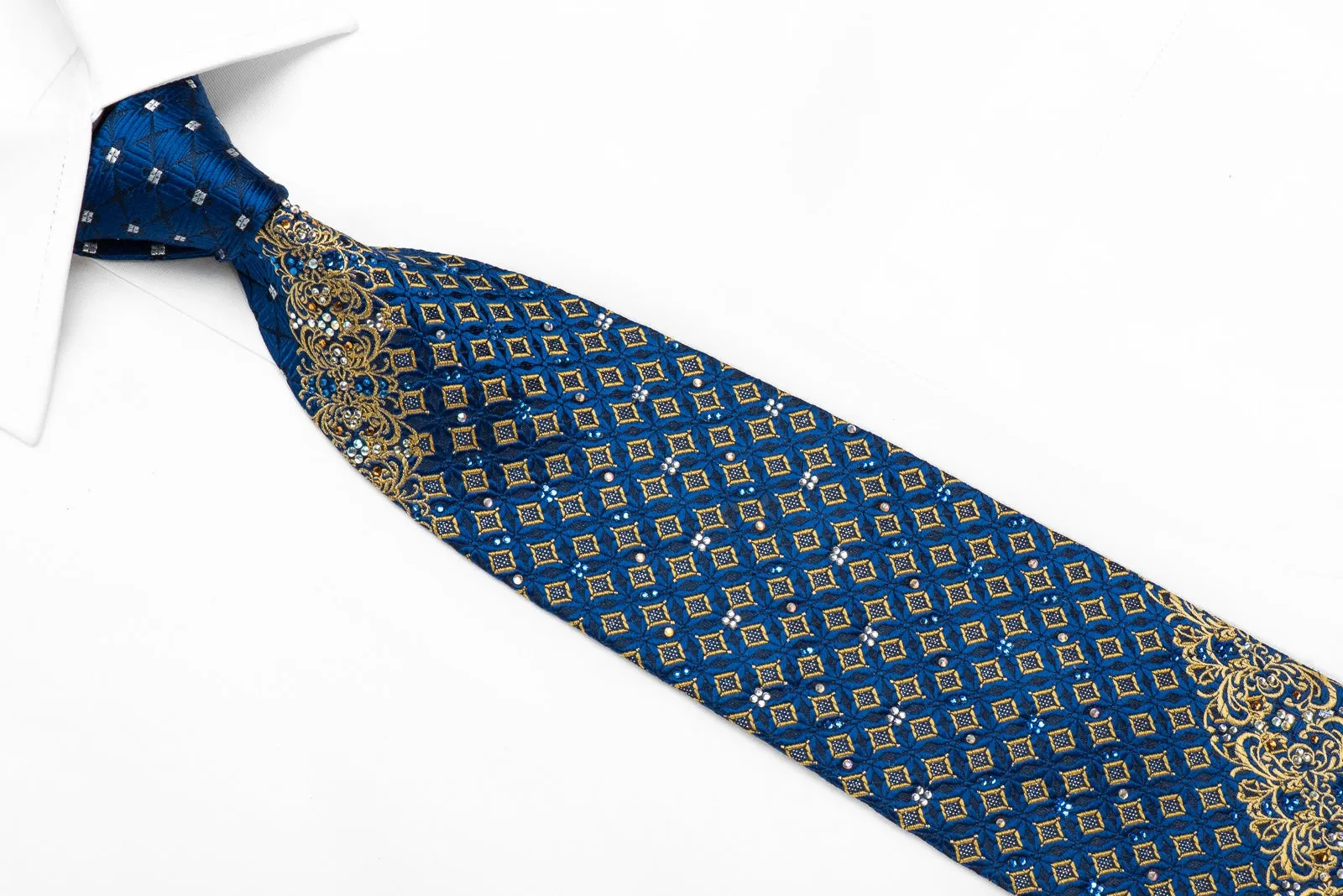 Renoma Men's Crystal Rhinestone Silk Necktie Gold Cartouche & Geometric On Blue With Sparkles