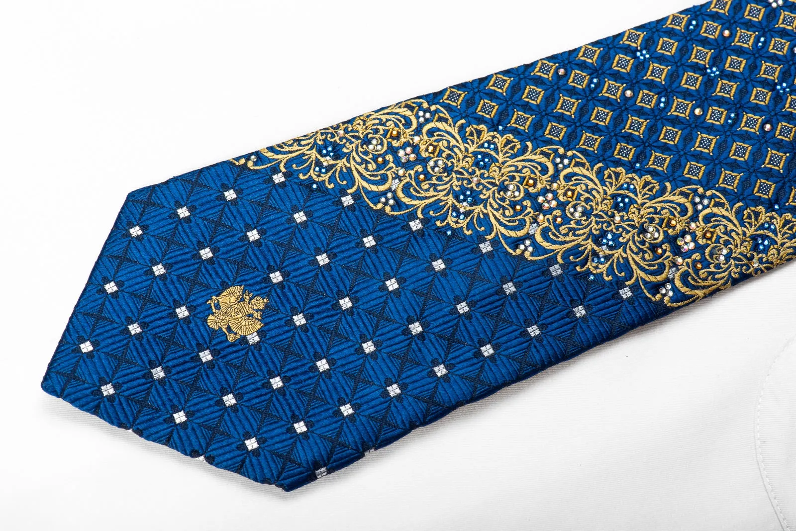 Renoma Men's Crystal Rhinestone Silk Necktie Gold Cartouche & Geometric On Blue With Sparkles