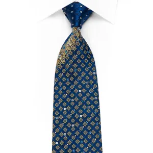 Renoma Men's Crystal Rhinestone Silk Necktie Gold Cartouche & Geometric On Blue With Sparkles