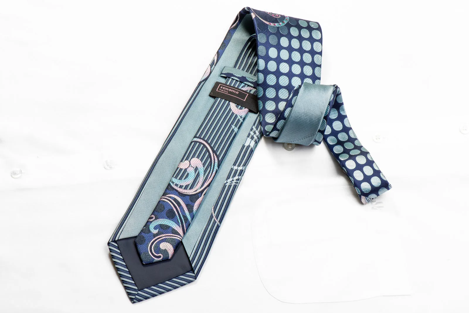 Renoma Rhinestone Tie Mauve Scrolls & Geometric On Blue