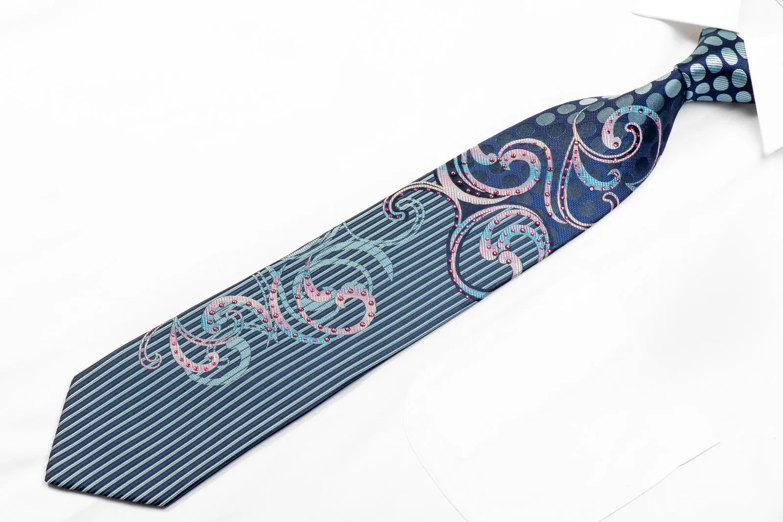 Renoma Rhinestone Tie Mauve Scrolls & Geometric On Blue