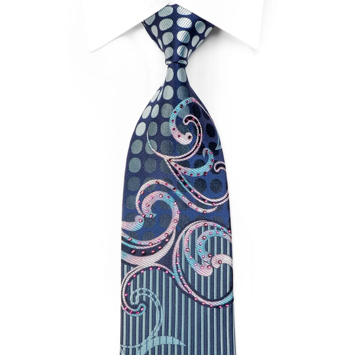 Renoma Rhinestone Tie Mauve Scrolls & Geometric On Blue