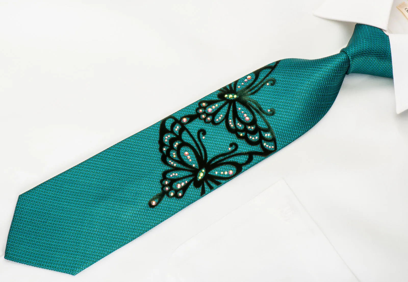 Roberta di Camerino Silk Tie Butterflies On Teal With Rhinestones