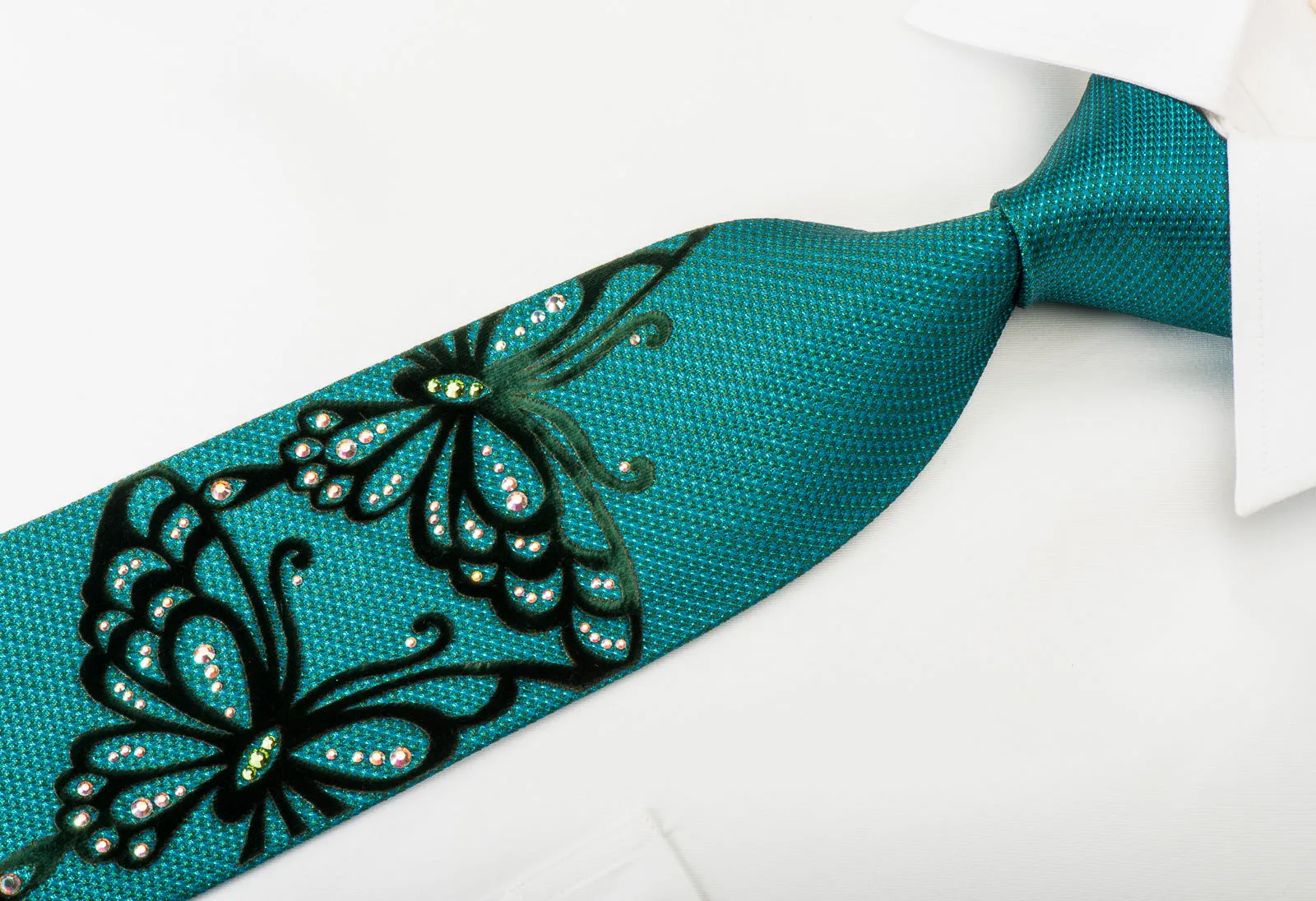 Roberta di Camerino Silk Tie Butterflies On Teal With Rhinestones