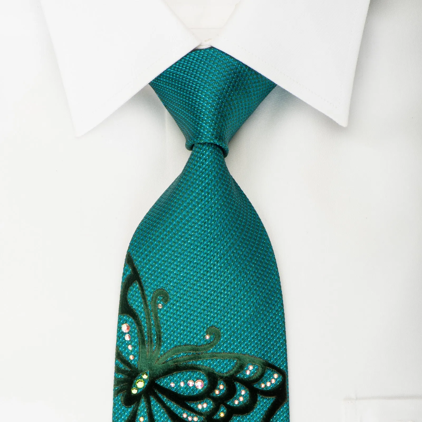 Roberta di Camerino Silk Tie Butterflies On Teal With Rhinestones