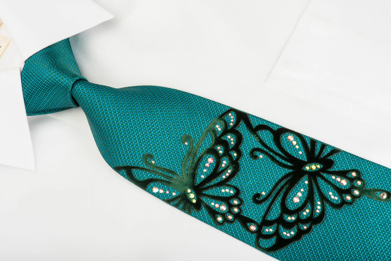 Roberta di Camerino Silk Tie Butterflies On Teal With Rhinestones