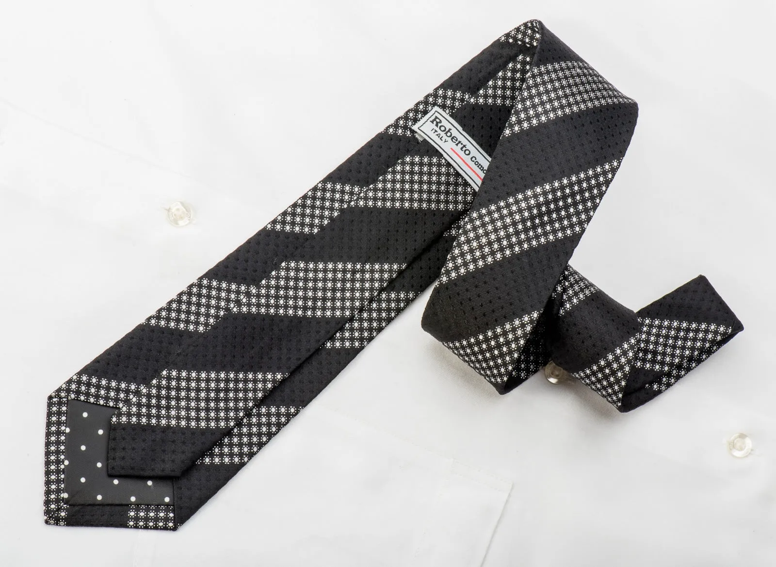 Roberto Comocino Men's Silk Skinny Tie Silver Dot Stripes On Black With Silver Sparkles