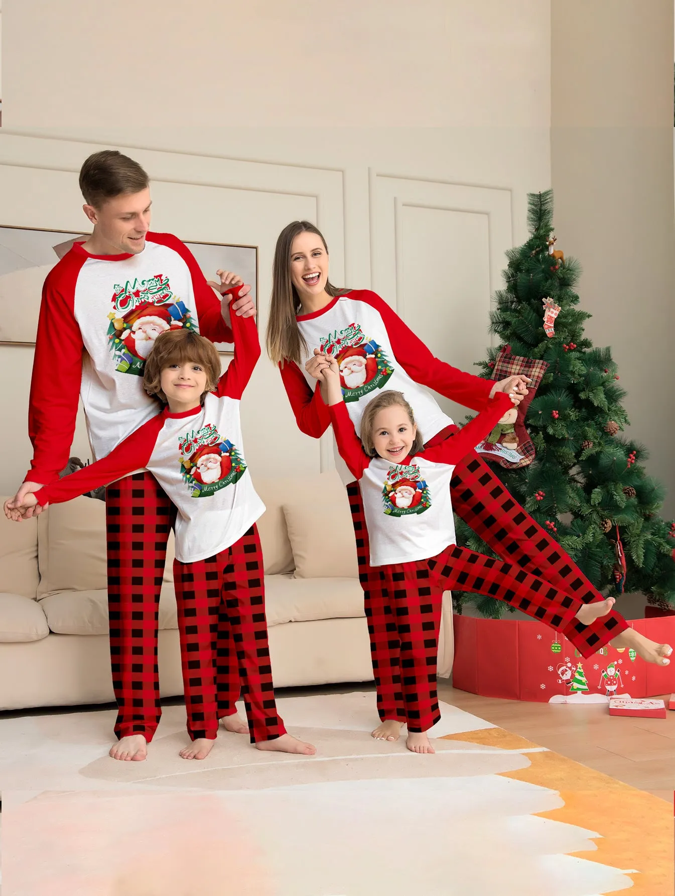 Santa Red Plaid Print Family Holiday Pajama Set