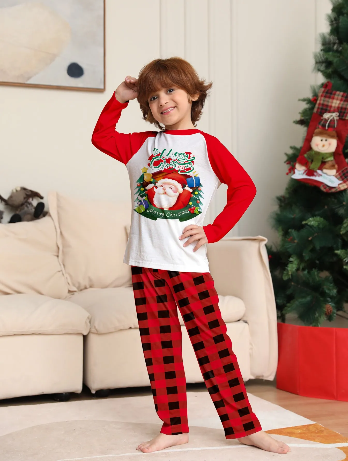 Santa Red Plaid Print Family Holiday Pajama Set