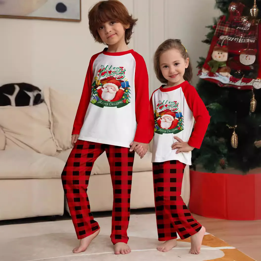 Santa Red Plaid Print Family Holiday Pajama Set