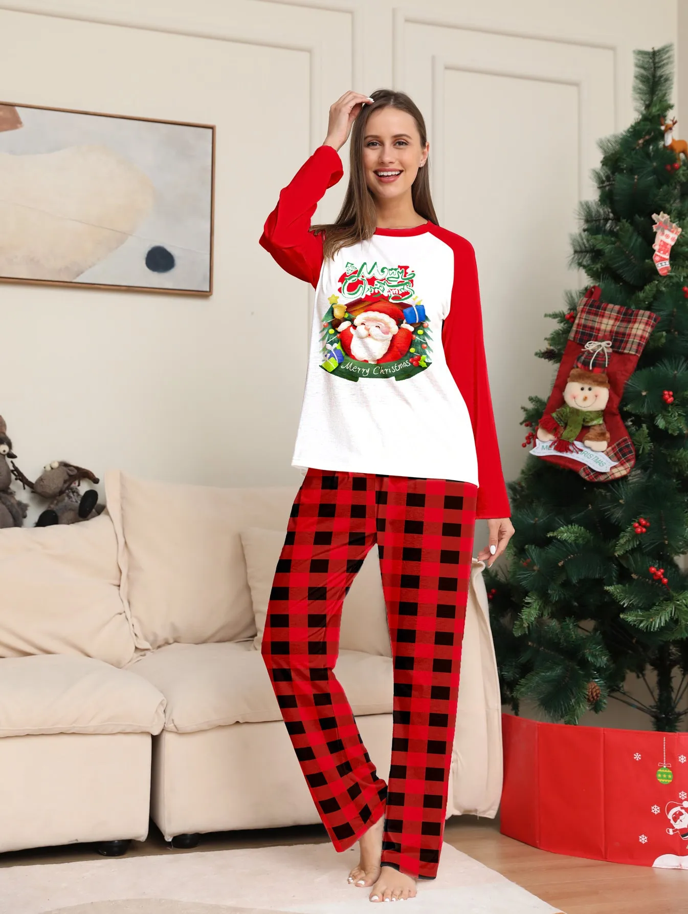 Santa Red Plaid Print Family Holiday Pajama Set