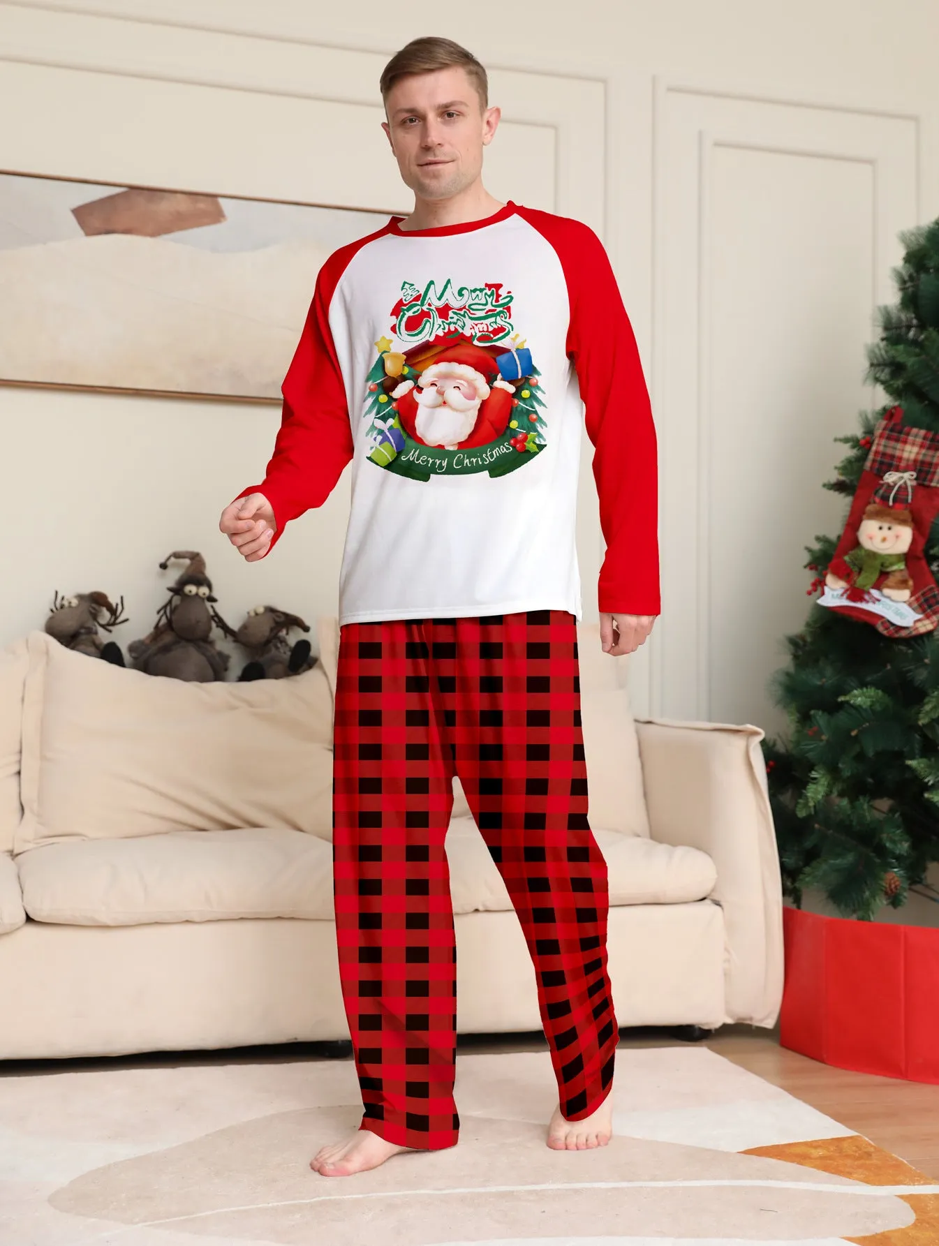 Santa Red Plaid Print Family Holiday Pajama Set