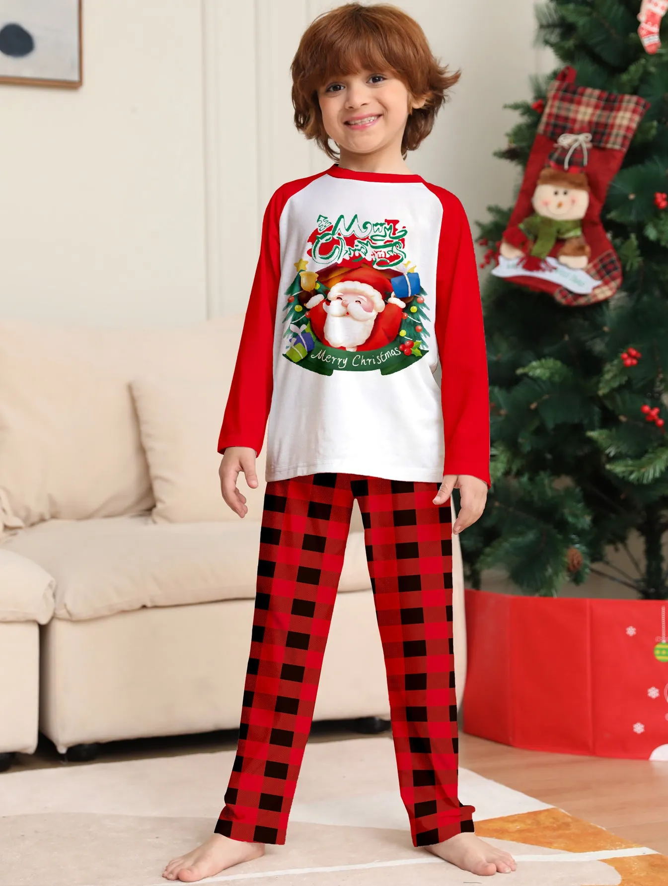 Santa Red Plaid Print Family Holiday Pajama Set