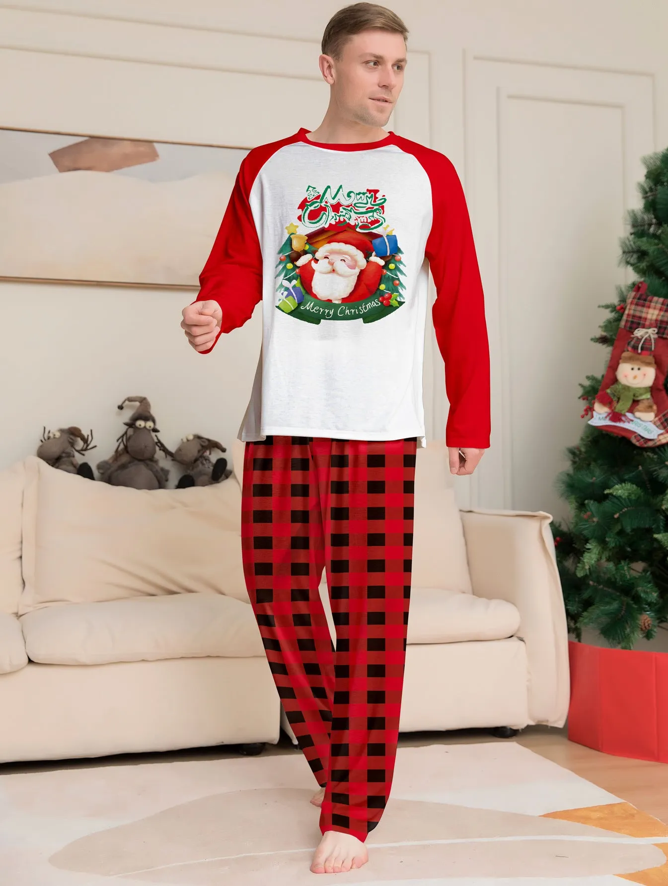 Santa Red Plaid Print Family Holiday Pajama Set