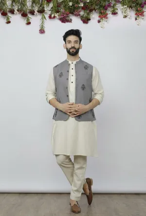 Set of 3 - Safeda Cotton Kurta & Pyjama with Grey Nehru Jacket