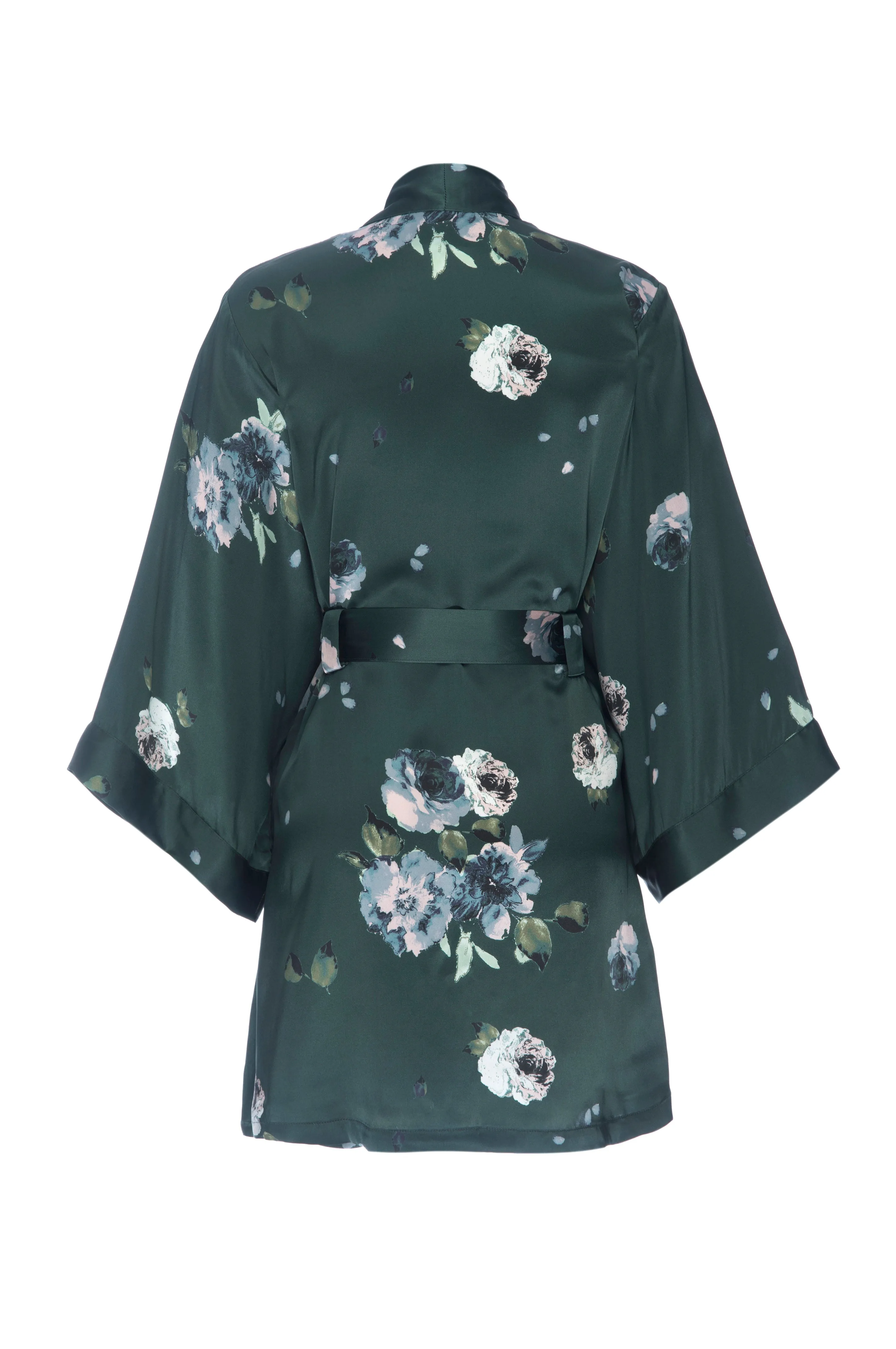 Silk Charmeuse Short Silk Robe: Emerald Rose Print