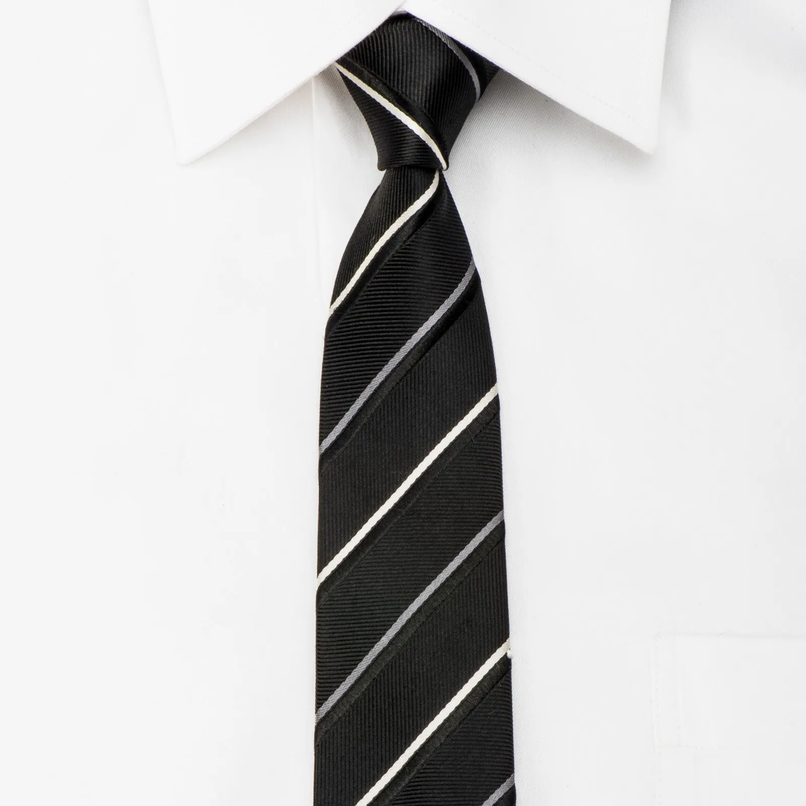 STCO Men's Skinny Silk Tie Silver Striped On Black