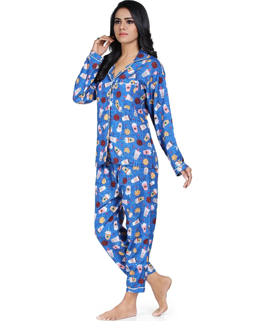 SXV Women's Cotton Printed Night Suit Pyjama Set : Coffee & Cookie (Lowest price - Non returnable)