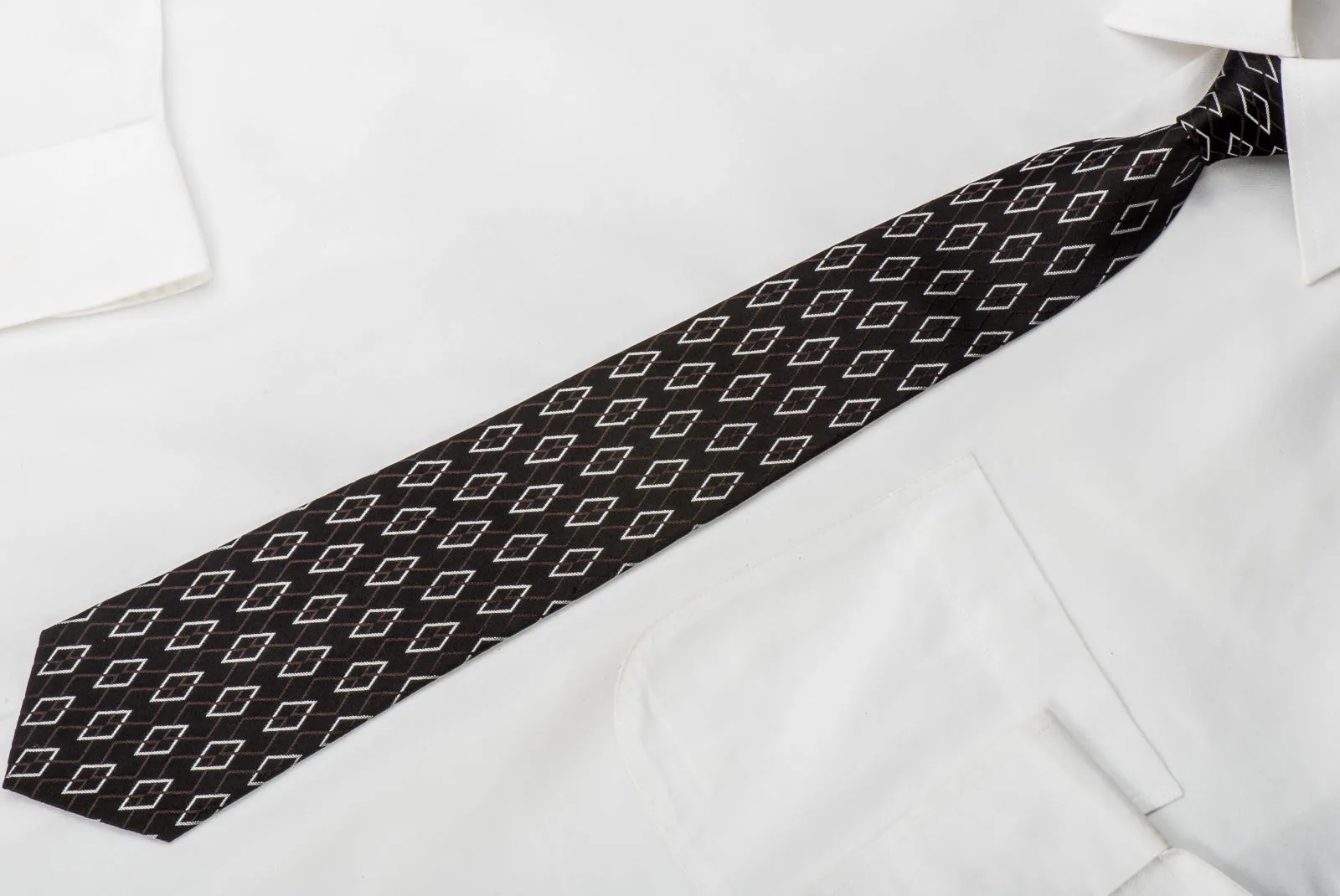 The Shirts Studio Skinny Silk Necktie Silver Harlequins On Black