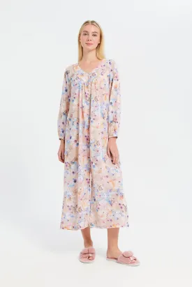 Women Beige Floral Print Nightgown