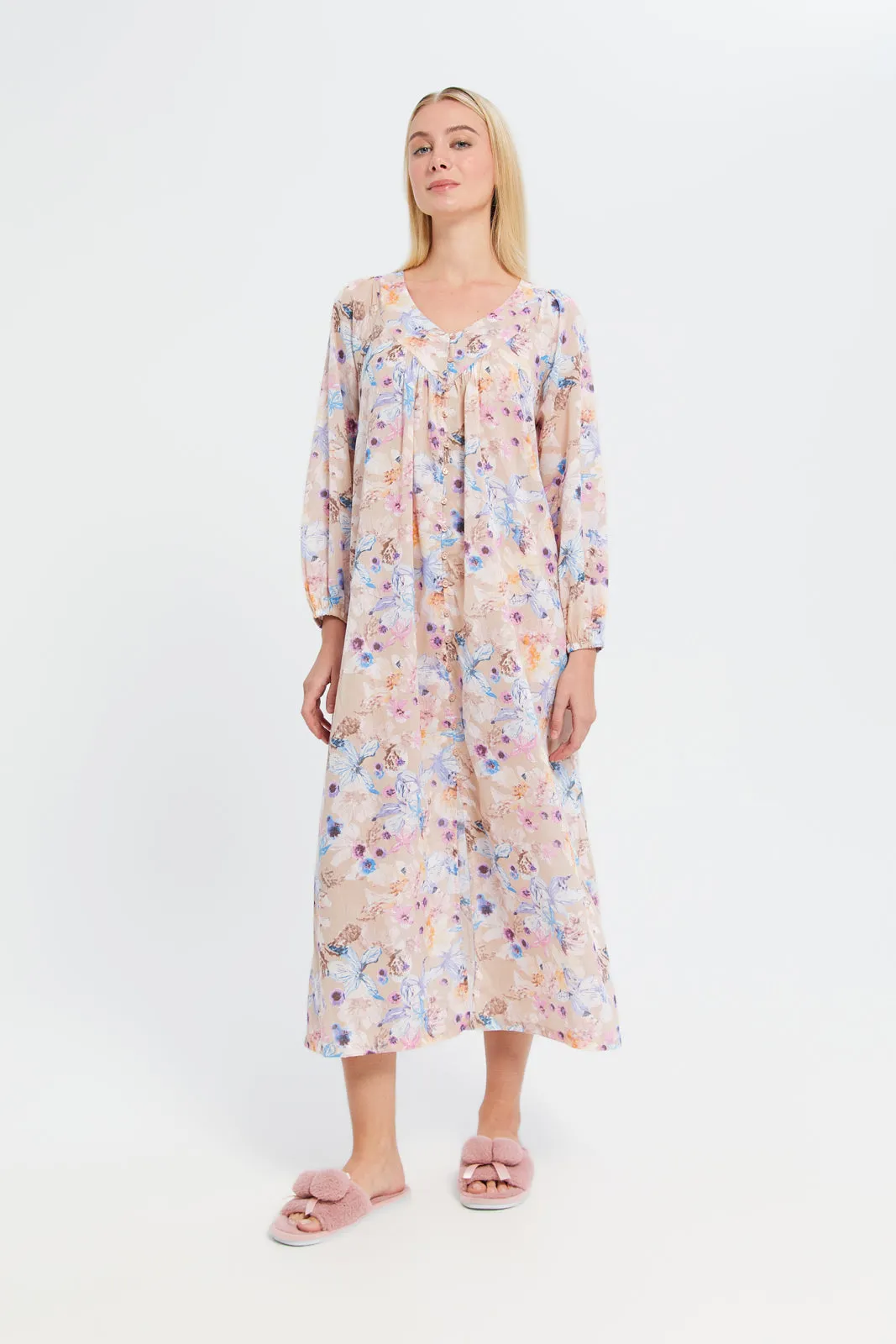 Women Beige Floral Print Nightgown