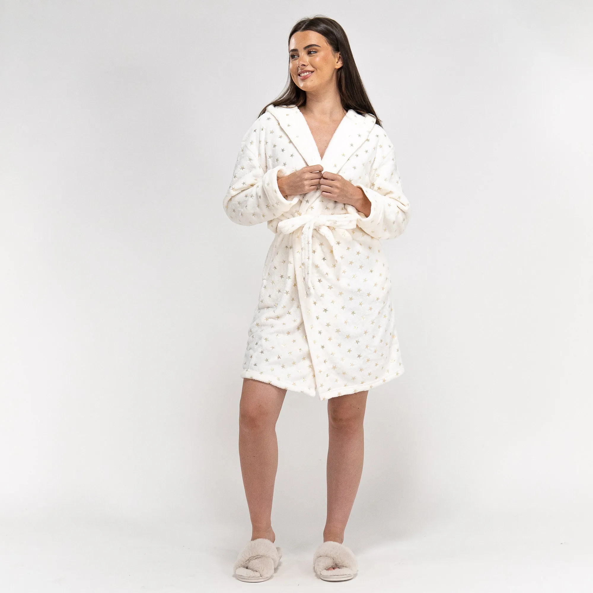 Women's Cream and Gold Star Print Fleece Robe