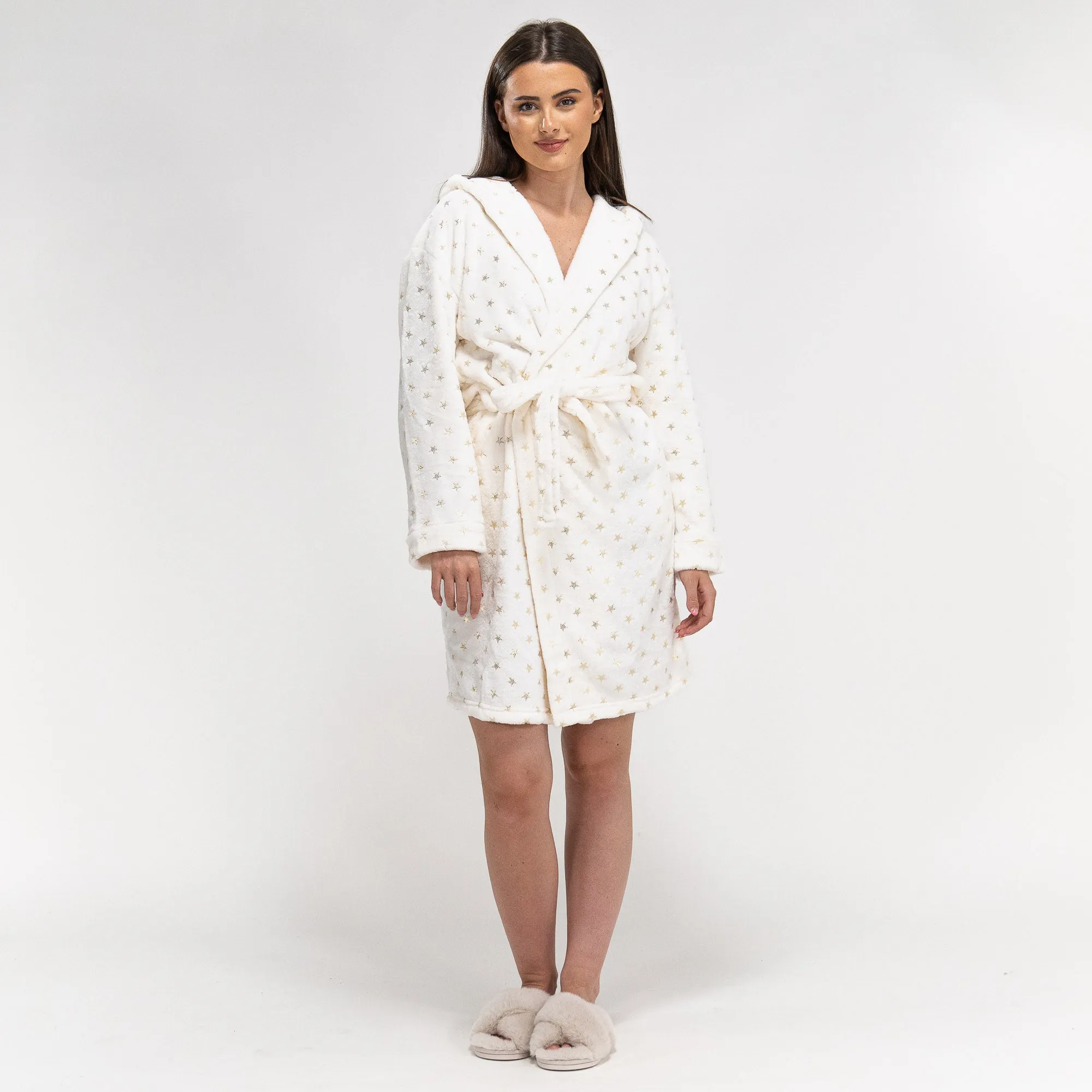 Women's Cream and Gold Star Print Fleece Robe